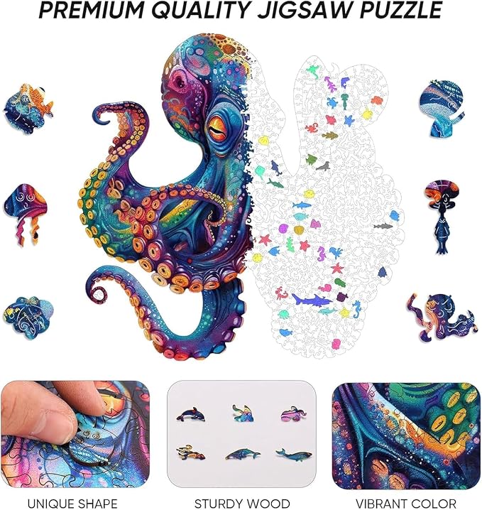 Qiuenisray Wooden Puzzles 1000 Pieces, Octopus Ocean Jigsaw Puzzles | Wooden Adults Puzzle, FSC Certified Unique Shape Adult Puzzles Pieces, Wall Decor for Family Game 23.4x23.5 in