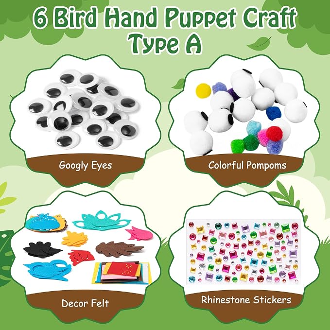 WATINC Hand Puppet Making Kit, Felt Sock Puppet Toys for Kids (Bird A) | 6 Styles, Make Your Own Storytelling & Role Play Crafts, Creative Group Activity, Party Favors & Gifts for Kids Ages 4-8