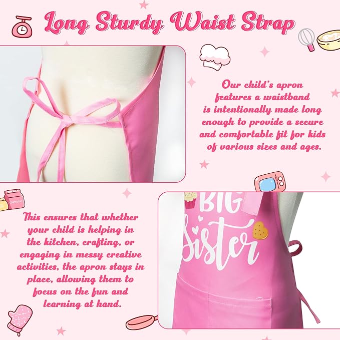 R HORSE Kids Apron and Chef Hat Set - 2Pcs Pink Big Sister Adjustable Children Kitchen Apron, Dress up Role Play Chef Toy Cooking Baking Painting and Training Kit for Girls Funny Cooking Birthday Gift