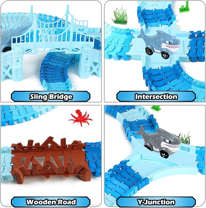 Coroiesty 264 PCS Shark Race Tracks for Kids Toys, Flexible DIY Track Set | Glow in The Dark Magic Toy Set, 2 Shark Cars Track, Birthday Gift for Age 3-9 Boys Toddler Girls