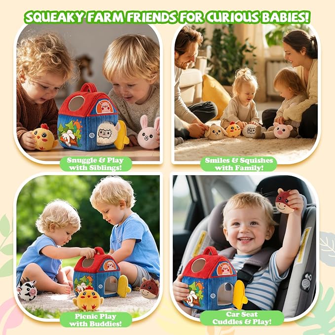 SAIMAND Montessori Farm Toy for Babies, Plush Barn with 7 Soft Animal Toys | Crinkle, Squeaky, Rattle, Mirror, Portable Barn Storage, Fine Motor Play, Multi-Sensory Learning, Gift for Infants & Toddler