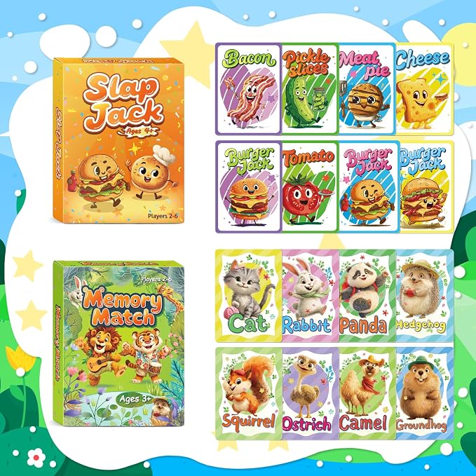 Card Games for Kids: Go Fish, Old Maid, Slap Jack, and Memory Match — 4 Decks in 1 Pack. Classic Kids Card Games for Family Game Night, Perfect for Toddlers, Kids