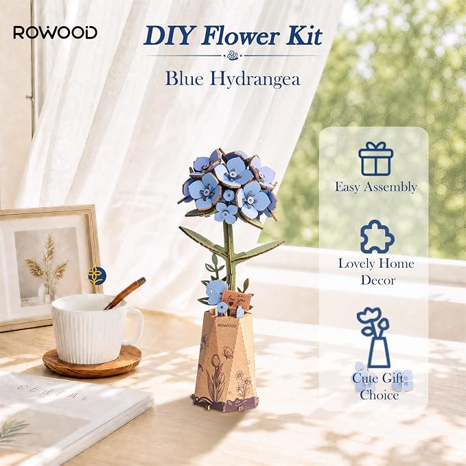 rowood Blue Hydrangea 3D Puzzles for Adults,DIY Wooden Flower Craft Kits for Women,Botannical Collection Home Decor,Mothers Day/Teachners Day Gift