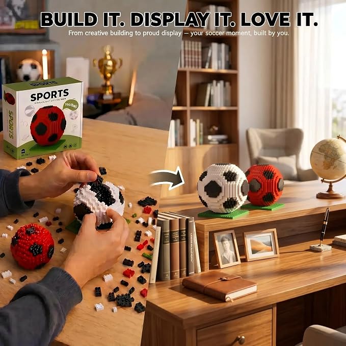 Soccer Ball Building Blocks Set, STEM Model Kit for Adults & Teens, Football Desk Decor Gift