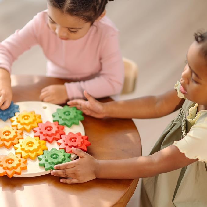 PlanToys® Wooden Spinning Gears Playset Montessori Construction Kids STEM | rotating gears, cause and effect toys, montessori toys, girls, boys, mechanical logical problem solving learning gift set