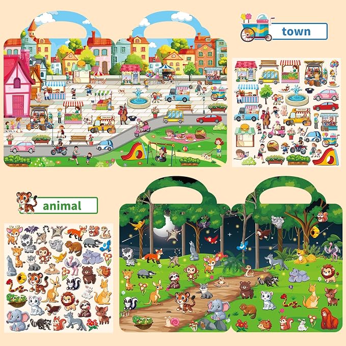 Kalysky 6 Set (260pcs) Reusable Sticker Books for Toddlers 1-3 2-4, Kids 3D Puffy Stickers (Dinosaurs, Forest, Town, Pets, Construction, Insects), Sticker Activity Books