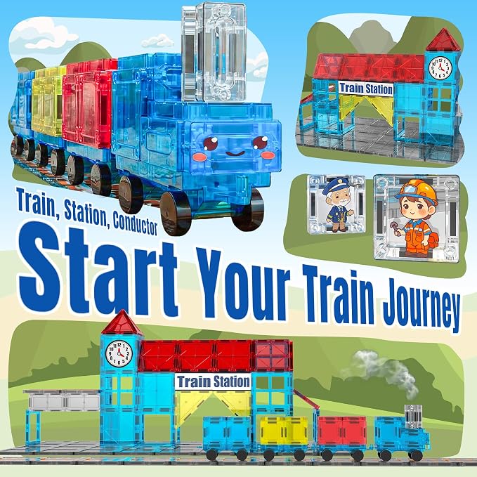 SKTMYY Magnetic Tiles Train Toys, Train Station for Kids Age 4-8 | Magnet Tiles Cars, Preschool Classroom Educations, STEM Learning Montessori Toys, Birthday Gifts for Boys Girls