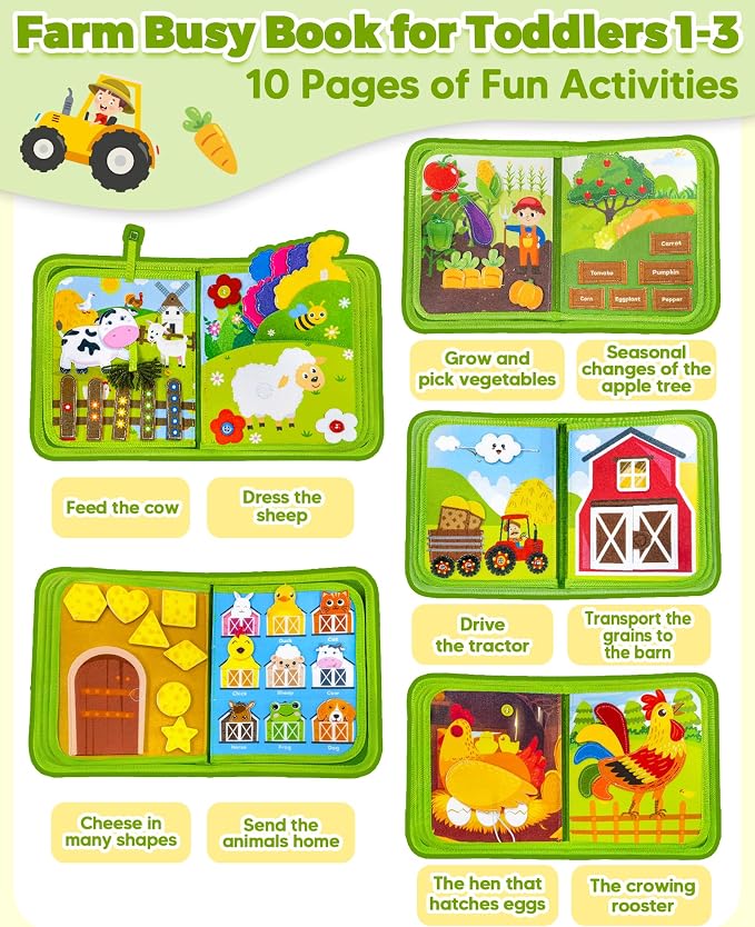 Busy Book for Toddlers 1-3, Montessori Toys for 1 Year Old Boy Girl Gifts | Busy Board, Birthday Gifts, Toddler Airplane Car Travel Toy, Learning Educational Toys, Farm Animals, Quiet Activity Books