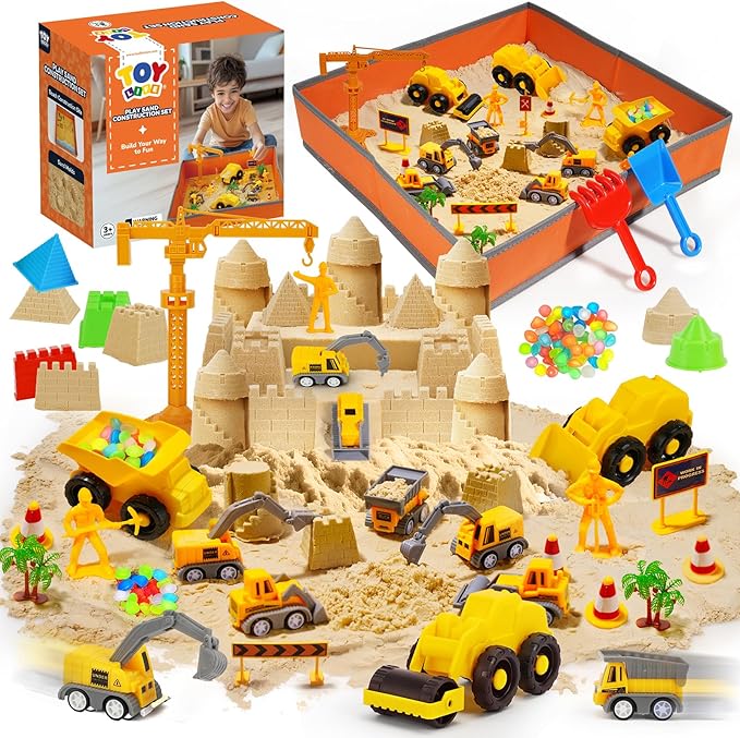 TOY Life 38-Piece Construction Sand Kit with Foldable Sandbox, Ages 3+ | 2.25 lb moldable material, 8 vehicles, crane, 6 molds, traffic signs, glow stones