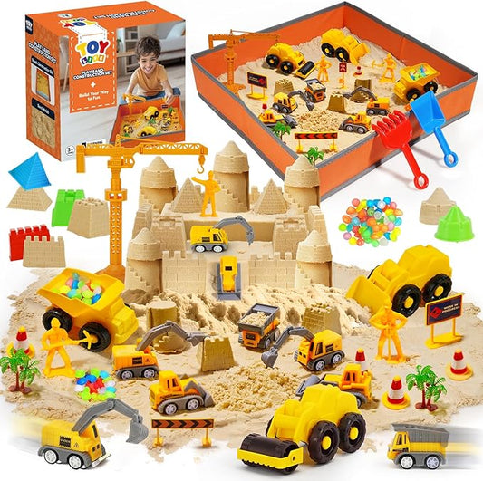 TOY Life 38-Piece Construction Sand Kit with Foldable Sandbox, Ages 3+ | 2.25 lb moldable material, 8 vehicles, crane, 6 molds, traffic signs, glow stones