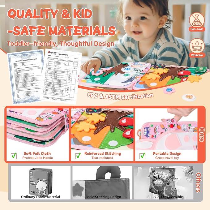Bunny Montessori Busy Book for Toddlers 1-3- Preschool Felt Quiet Busy Book with Animal Sensory Mats- Early Learning Set for 1 2 3 Years Old Autism Sensory Toy-Airplane Travel Toy for Kids Girls Gifts