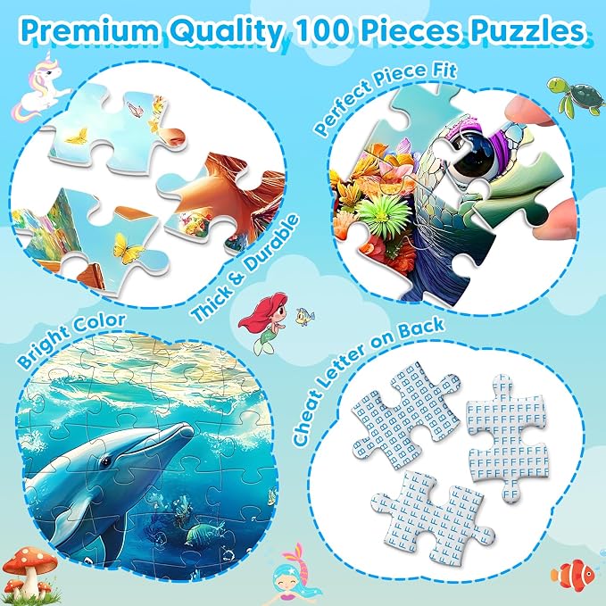 4 Packs 100 Piece Puzzles for Kids Ages 6-8 8-10, Fantasy Mermaid Unicorn Puzzle for Girls 4-6 Years Old Educational 100 Piece Large Jigsaw Puzzles, Kids Puzzles 4-6 Toys Gifts for Girls Boys