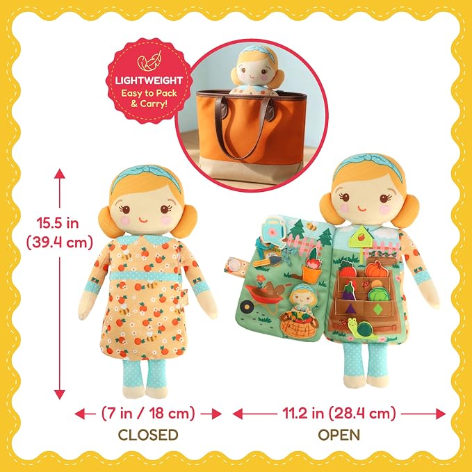 Rosie the Gardener– 2-in-1 Soft Activity Doll & Busy Book | Screen-Free Travel Plush Toy with Tethered Pieces for Toddlers and Preschoolers ages 1–4 by Aleni Brands