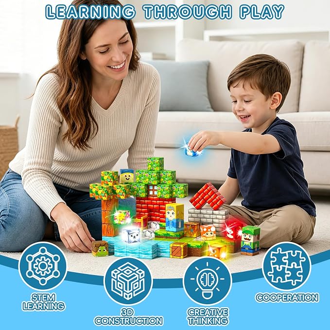 116 PCS Mini Magnetic Blocks Building Toys with 7 Light-Up Cubes, Portable Magnetic Travel Blocks with Iron Case for Kids Aged 3+, Educational Toy for STEM & Construction Learning