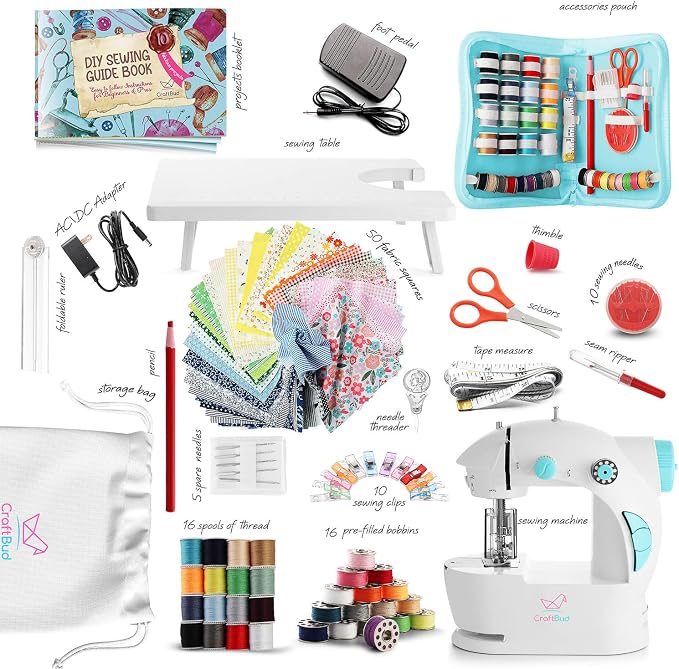 CraftBud Mini Sewing Machine for Beginners, Adults and Kids Sewing Machine | 122-Piece Sewing Kit Accessories, Portable, Dual Speed, Extension Table, Foot Pedal, Built-in Light, Guide Book & More, White