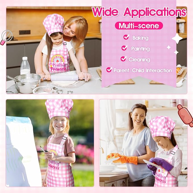 R HORSE 2 Pieces Kid Apron and Chef Hat Set, Children Role Play Chef Toy | Coquettish Pink Baking Princess Adjustable Kitchen Apron for Girl, Ideal for Cooking, Baking, Painting, Cooking Birthday Gift