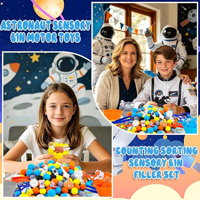 252PCS Space Sensory Bin Fillers Outer Space Fine Motor Sensory Bin Items Includes Pom Poms Tweezers Planet Astronauts Resin for Counting Sorting Training