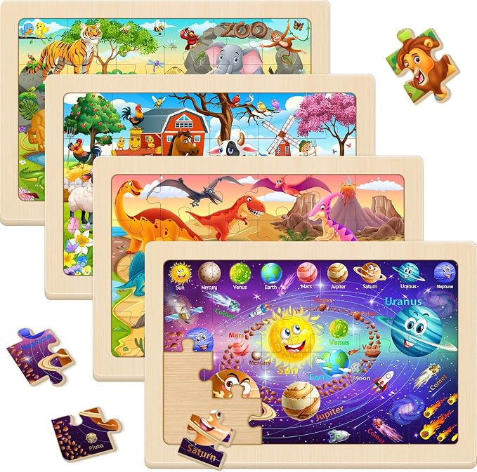 Wooden Puzzles for Kids Ages 4-6, 4 Pack 24 Pcs Toddler Puzzles Set for Ages 3-5, Early Educational Brain Teaser Toys Gift for Boys Girls 3 4 5 6 7 8 (Dinosaur, Space, Animal, Farm)