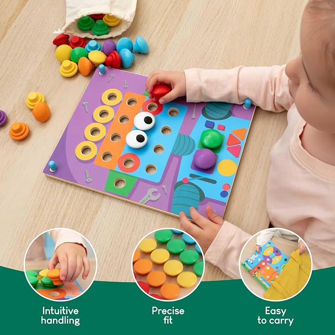 BONNYCO Button Art Toy with 50 Templates and 32 Buttons. Color Matching Peg Board for Kids, Montessori Toys for 2 Year Old, Wooden Puzzle for Toddlers 1-3, Baby Learning Games, Stem Educational Gift | Children's mosaic for fine motor skills. Puzzles an...
