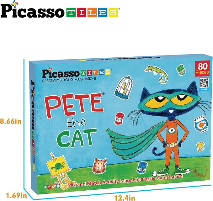 PicassoTiles Pete The Cat 80pc Magnetic Board Game Puzzle Playset Reusable Mix & Match Cartoon Toy with Storytelling, STEM Learning Activity Book and Storage Educational Kids Toys for Ages 3+ PTC02