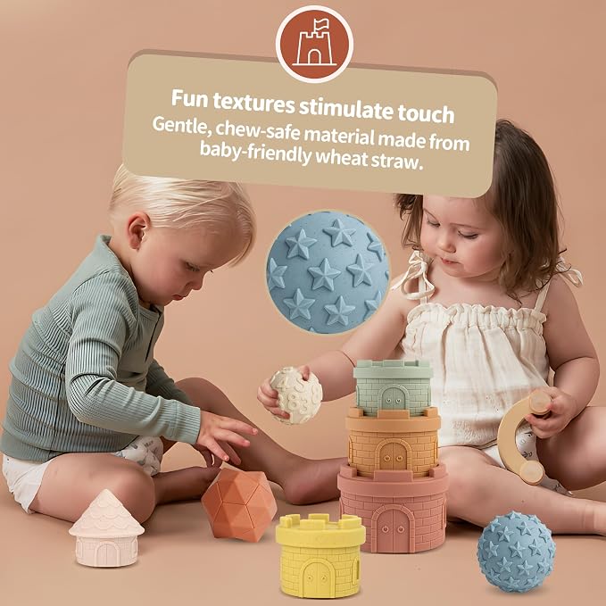 Baby Stacking Cups & Sensory Ball Set, Sensory Toys for Babies | 5 Colored Castle Cups, 3 Textured Balls, Soft Castle Nesting Blocks, Teether, Bath & Travel Play, Gifts for Toddlers 1-3