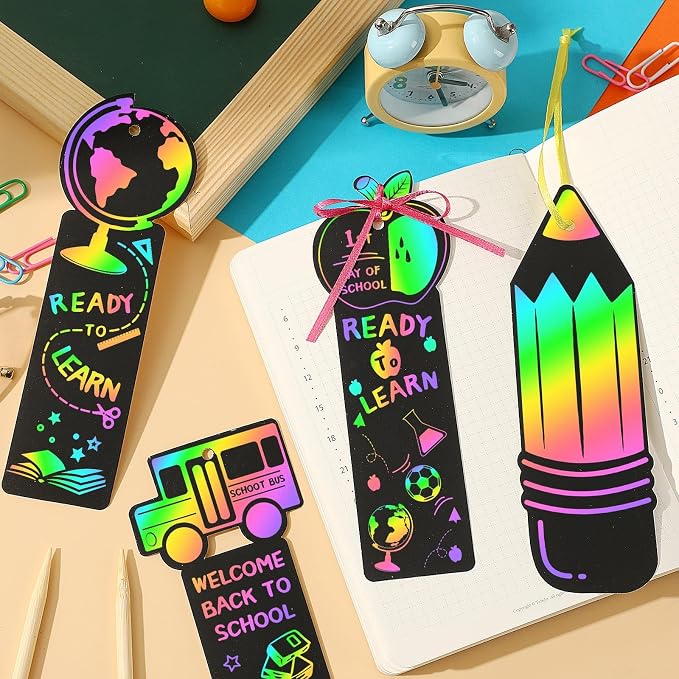 JUNEBRUSHS 30Pcs Welcome Back to School Scratch Bookmarks Rainbow Scratch | Back to School DIY Craft Kit, First Day of School Gifts for Students , Classroom Activity, Party Favors