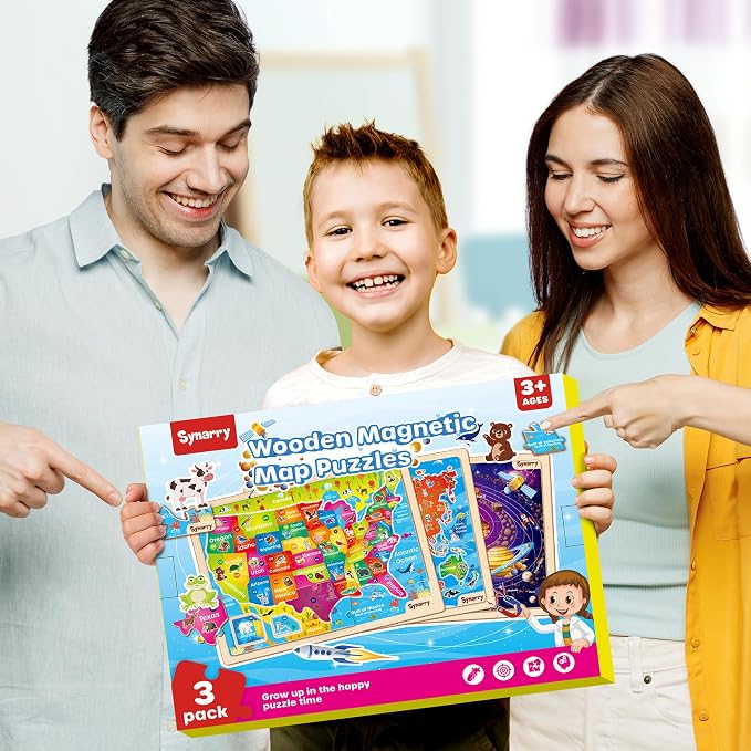 SYNARRY Large USA World Solar System Wooden Magnetic Puzzles for Kids Ages 4-6, Wood Puzzles Educational Games Toys Easter Gifts for Toddlers, United States World Space Map for Boys Girls Ages 3-5 4-8