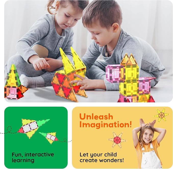 PicassoTiles Magnetic Tile Building Block Set with Squares and Triangles STEM Educational Construction Geometric Magnet Shape Kit for Brain Development Creativity and Learning for Kids Age 3 Plus PB12