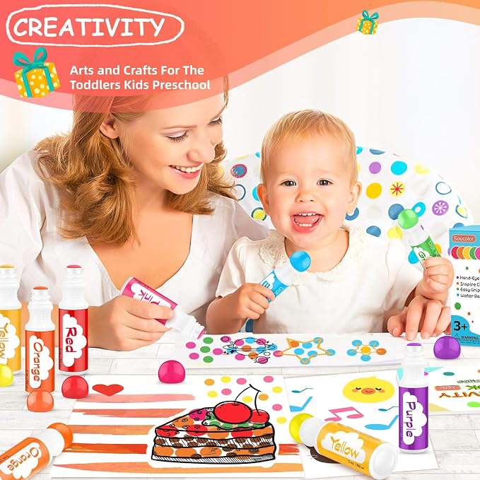 Soucolor Washable Dot Markers,10 Vibrant Colors 48 Pages Activity Book | Dot Markers 2 oz Bingo Daubers Paint Markers Set,Tearable Activity Book,Toddlers Kids Preschool Arts and Crafts Kits Supplies