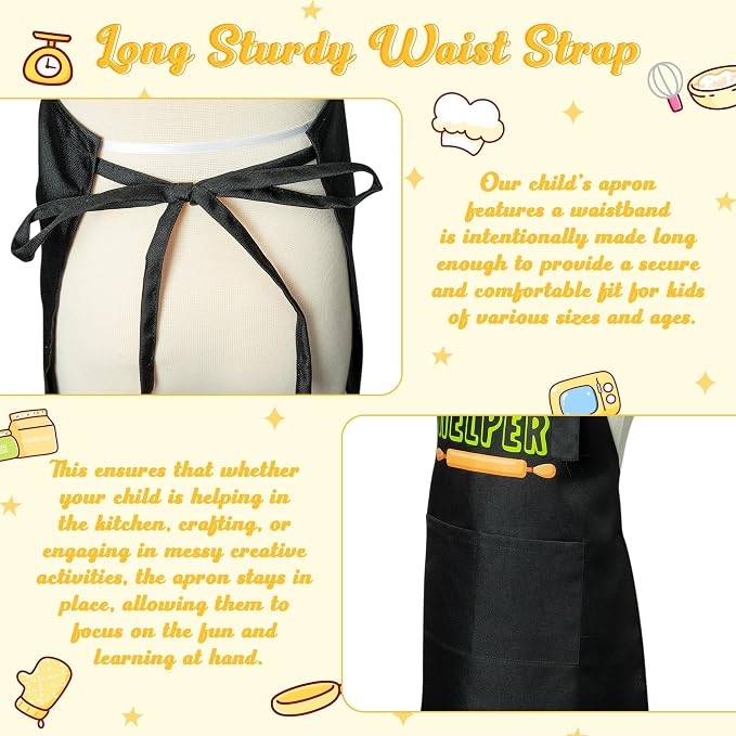 R HORSE 2 Pieces Kid Apron and Chef Hat Set, Dress up Role Play Chef Toy | Black Little Helper Adjustable Kid Kitchen Apron with Pockets, Ideal for Cooking, Baking, Painting, Cooking Birthday Gift