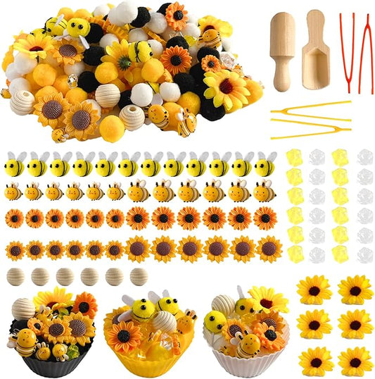 196Pcs Sensory Bin Filler, Fine Motor Toys Bee Themed Sensory Bin Items Counting Sorting Toy Colorful Pom Poms Cup Bee Honeycomb Wooden Scoop for Preschool Education Activities