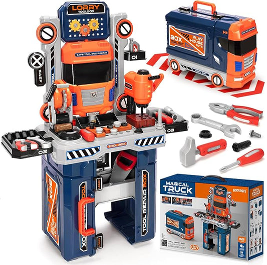 Kids Tool Bench with Electric Drill and Power Miter Saw, Construction Workbench Toys for Boys Age 3 4 5 6 7 8, Toddler Realistic Tools Table Playset, Tool Box Set, Christmas Birthday Gift for Kids 3-5