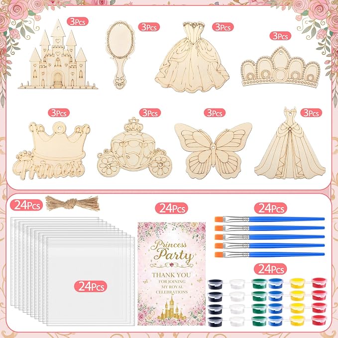 Saypacck 24 Pcs Princess Party Favors Wooden Paint Craft Kits | Organza Bags for Goodie Fillers, Princess Games Activities, Party Decorations, 8 Designs Include Paints and Paintbrush