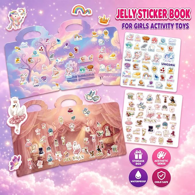Reusable Jelly Sticker Books for Girls 3-8, Toddlers 2-4, 4 Sets | Sticker Activity Toys | Quiet Travel Toys | 3D Puffy Window Clings | Screen-Free Play | Girl Gift Ages 2-8