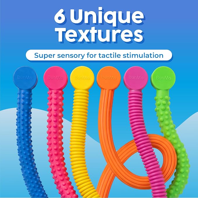 BUNMO Stretchy Strings - Sensory Toys - Stimulating & Fun Sensory Toys for Kids - Fidget Toy - Hours of Fun for Kids - Non-Mouthable Toy 3+ - Textured 6 Pack