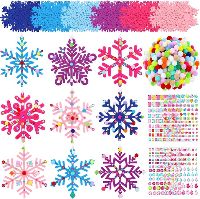 Jetec 72 Set Holiday Snowflake Craft Kit, Felt DIY Winter,Assorted Color | Holiday Arts and Crafts for Boys Girls, Colorful Felt Poms, Self-Adhesive Gem Stickers, Winter Party Ornament DIY