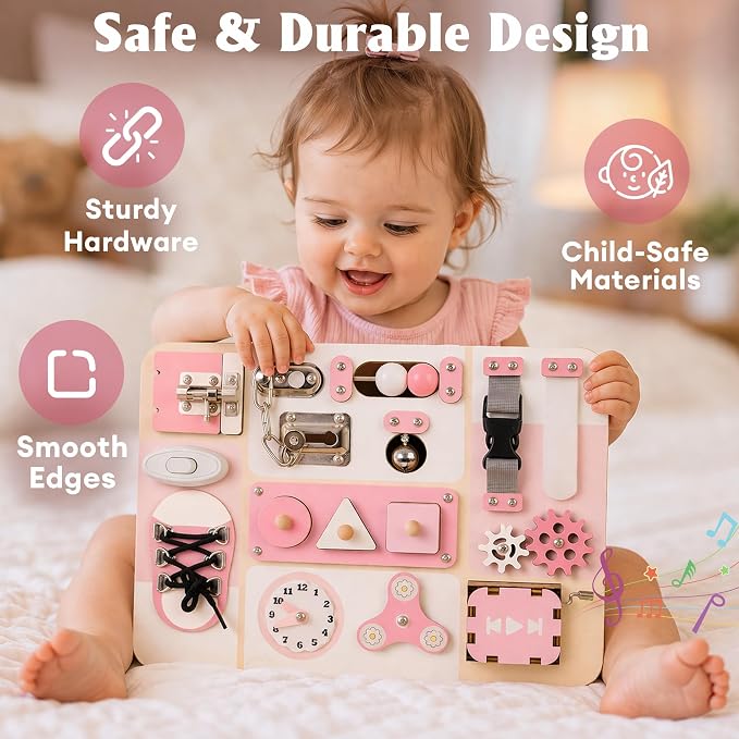 Montessori Busy Board for Baby & Toddlers 1-3 | Wooden Sensory Activity Board with 13 Activities, Real Metal Locks & Latches | Fine Motor Skills Educational Toy for 1 2 3 Year Old