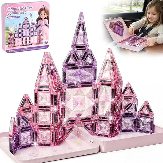 Magnetic Tiles Girls Travel Toy: 42 PCS Pink Glitter Castle Tin Box | 120 Mins Quiet Play & 60s Cleanup On the Go for Airplane Road Trips - Portable Safe Building Blocks Toddler Kids Gift Age 3-6