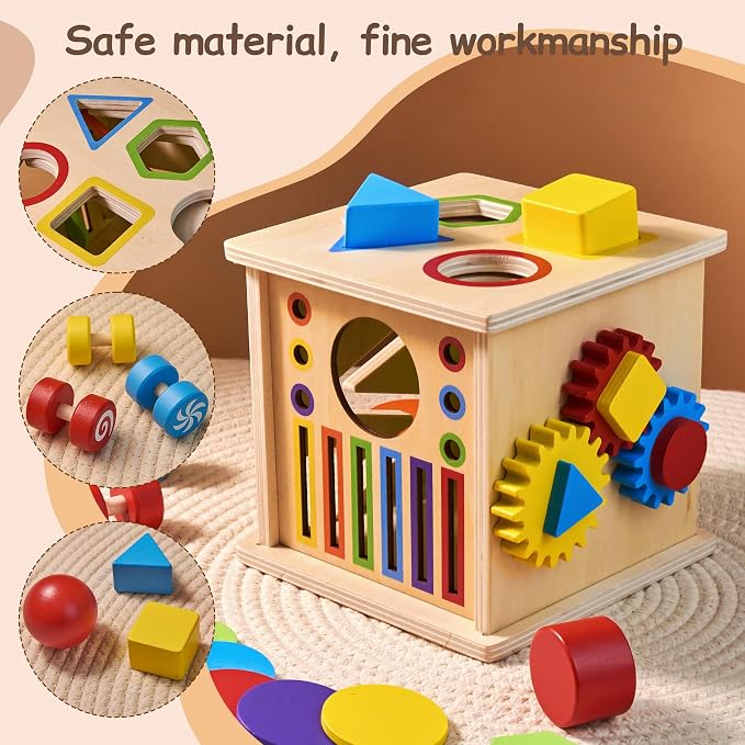 TOMMYHOME Wooden Montessori Multifunctional Sensory Box 8-in-1,Help Children Improve Their Arithmetic Skills and Color Recognition abilities.Coin Box