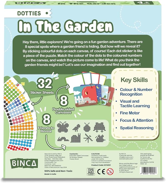 BINCA Dotties Dot Art Activity Kit, 1500+ Stickers, 8 Garden Animals Mess-Free Activities, DIY Dot Sticker Art, Kids Travel Activities, Gifts for Boys & Girls Ages 4,5,6,7