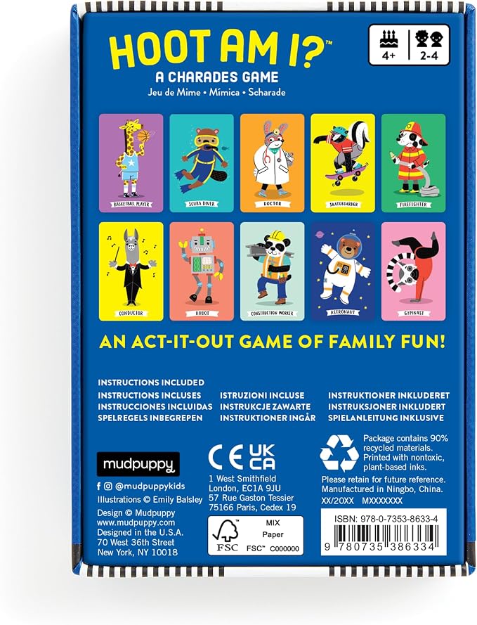 Mudpuppy - Hoot am I? Charades Card Games for Kids | Ages 4+, Easy Characters, Ideal for 3-4 Players, Cute Animal Themed, Family Fun, Screen-Free Play, FSC Certified
