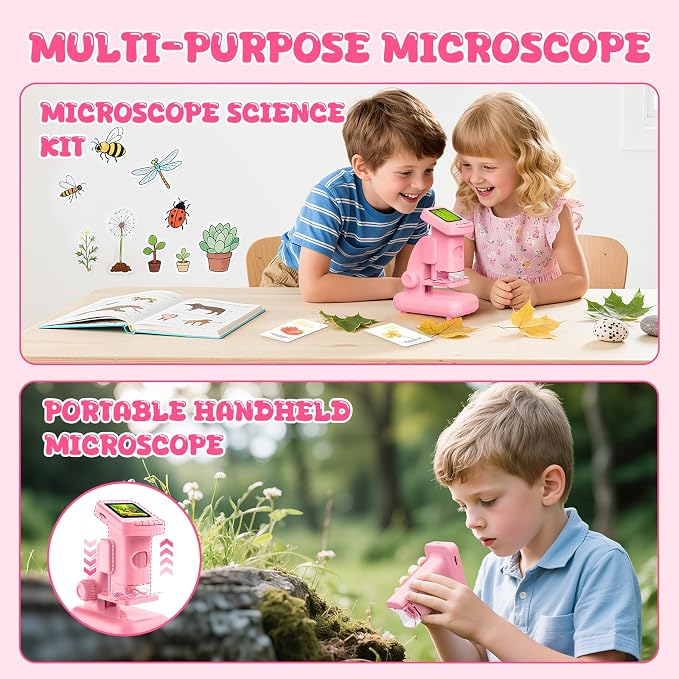 1200X Microscope for Kids, 2 in 1 Handheld & Desktop Digital Microscope with 9 Slides Science Kit, Portable Microscope HD Screen Video Record, STEM Educational Toys Gifts for Ages 6-12 Boys Girls