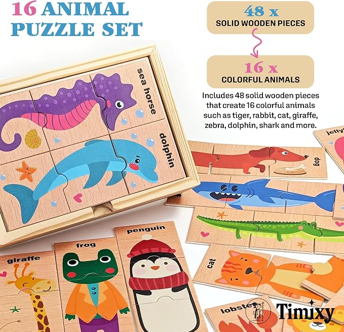 Montessori Wooden Animal Puzzle Toy Ages 3+, 48pc Matching Game with Box