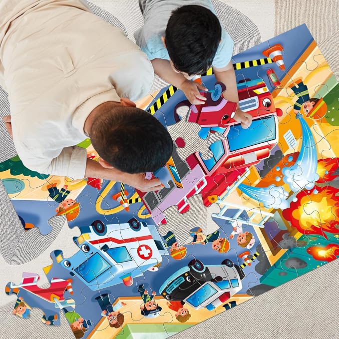 Jumbo Floor Puzzle for Kids,48 Piece Fire Rescue Jigsaw Puzzle Ages 3-8 | Firefighter Fire Truck Vehicle Puzzle,Extra-thick Cardboard,35x24 in Completed,Preschool Learning Toy Gift for Boys and Girls