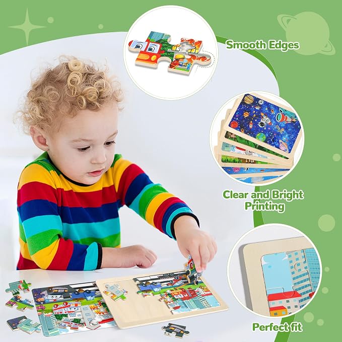 6 Packs Puzzles for Kids Ages 4-6,24Pcs Wooden Puzzles for Kids Ages 3-5 | Dinosaur,Animals,Vehicle,Space,Farm, Jigsaw Puzzles,Preschool Educational,Toys Gifts,for Children,Ages 3+Year Olds,Boys Girls