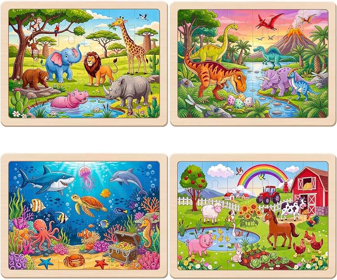 Puzzles for Kids Ages 4-6, 4 x 24 PCs Animals Wooden Puzzles | Animals Puzzles for Toddlers & Kids Ages 3-5, Preschool Educational Puzzles Toys, Birthday Gifts Set for Boys & Girls