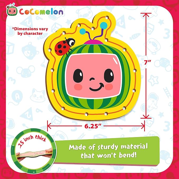 Cocomelon My First Lace Art- Wooden Cocomelon Tracing Activity- 6 Characters & 6 Laces Included- Fine Motor Development Toy for Toddlers & Preschoolers- Reusable Craft Kit-Gift for Boys Girls 3+