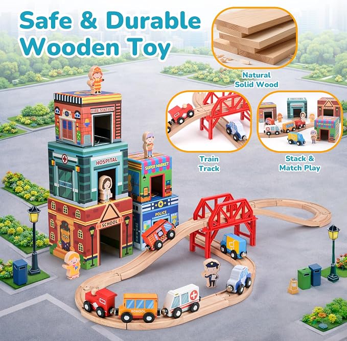 Wooden Train Set for Kids, Wood Train Tracks Complete Town Railway Playset | Train Set for Kids 3-7 with Matching Figures, Vehicles, Stacking and Nesting Blocks, Sorting & Stacking Toys for Boys Girls