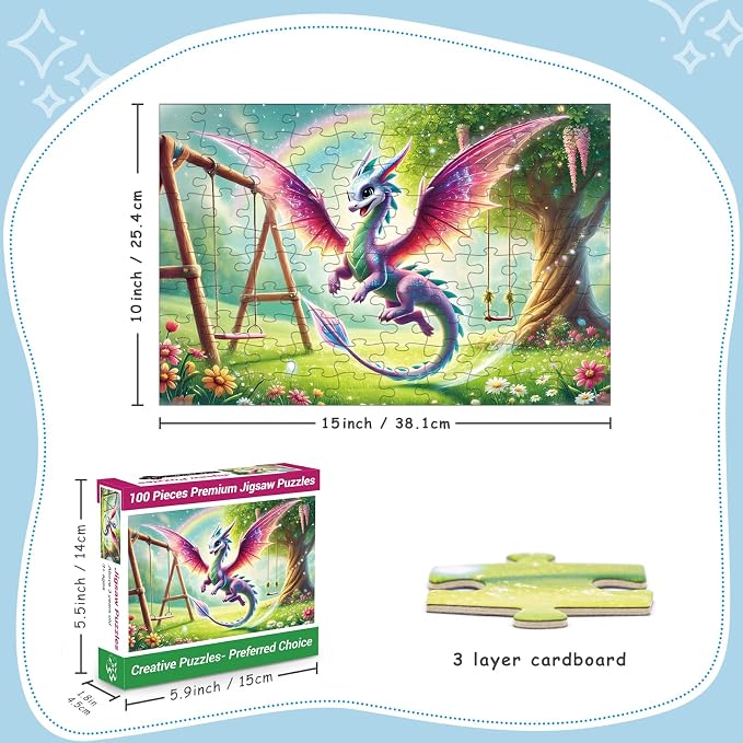 100 Piece Puzzles Rainbow Fly Dinosaur for Kids Girls Boys Ages 4-10 | Learning Educational Jigsaw Puzzles Toys with Full-size Poster, Holiday/ Birthday/Party/School Gifts for Children