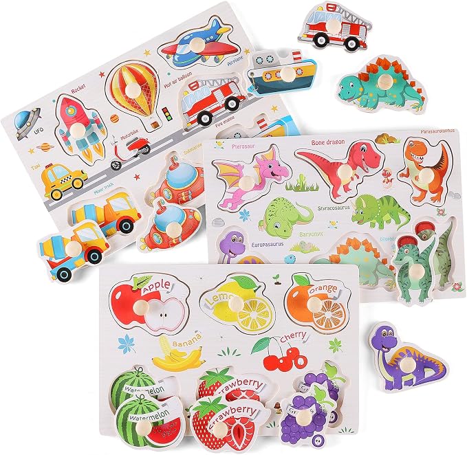 Wooden Peg Puzzles for Preschoolers 3-5, Kids' Educational Preschool Peg Puzzle Toy, Set of 3 Preschooler Puzzles - Traffic, Dinosaur, and Fruit, Ideal Gift for Ages 3 4 5 Boys and Girls